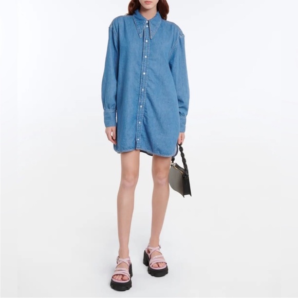 💋SOLD💋✨🌈Ganni Mini Shirt Dress Cutout-back Organic Cotton-blend Denim XXS/XS - Picture 12 of 13